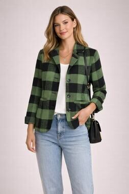ANTHROPOLOGIE Tulle Green Black Buffalo Plaid Wool Blend Jacket Coat Size M